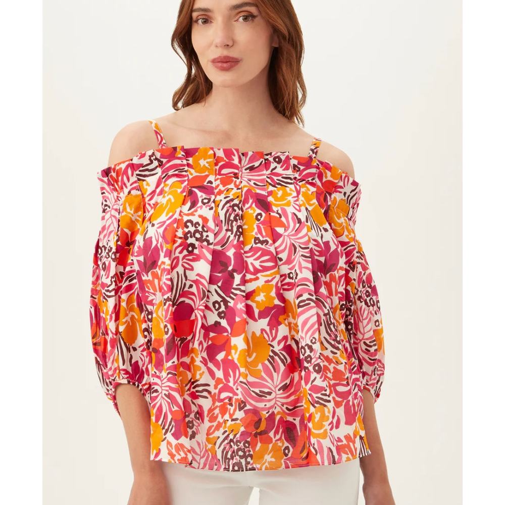 $298 TRINA TURK Salma off-the-shoulder Balloon Blouse | Sz L Orange Pink Floral - Picture 4 of 6